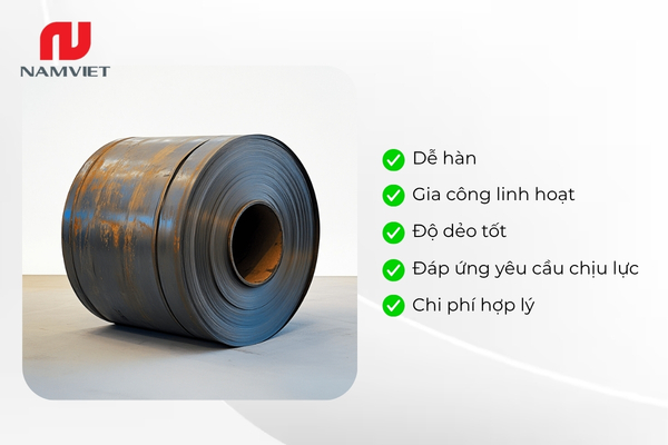 Thép cuộn A36 nổi bật với khả năng hàn, gia công và chịu lực ổn định