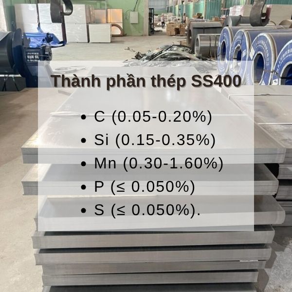 Thép SS400 có thành phần chủ yếu gồm sắt, carbon và lượng nhỏ mangan, phốt pho, lưu huỳnh