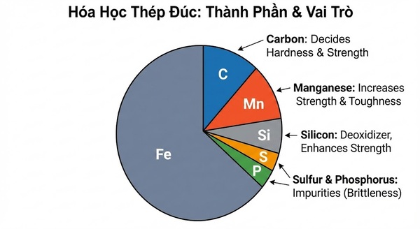 Biểu đồ minh họa tỷ lệ thành phần trong thép đúc và vai trò của chúng đối với đặc tính vật liệu