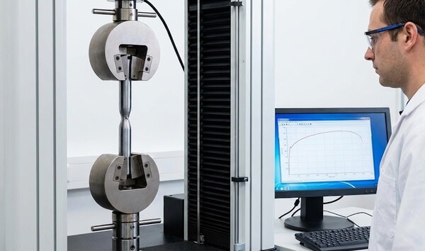 Kỹ thuật viên đang thực hiện thí nghiệm thử kéo trên mẫu thép đúc để kiểm định các chỉ số cơ lý quan trọng